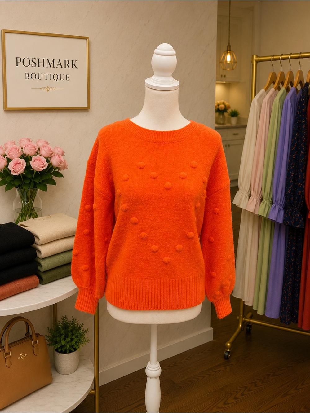 Umgee NWT Orange Textured Dot Sweater Balloon Sleeve Cozy Knit